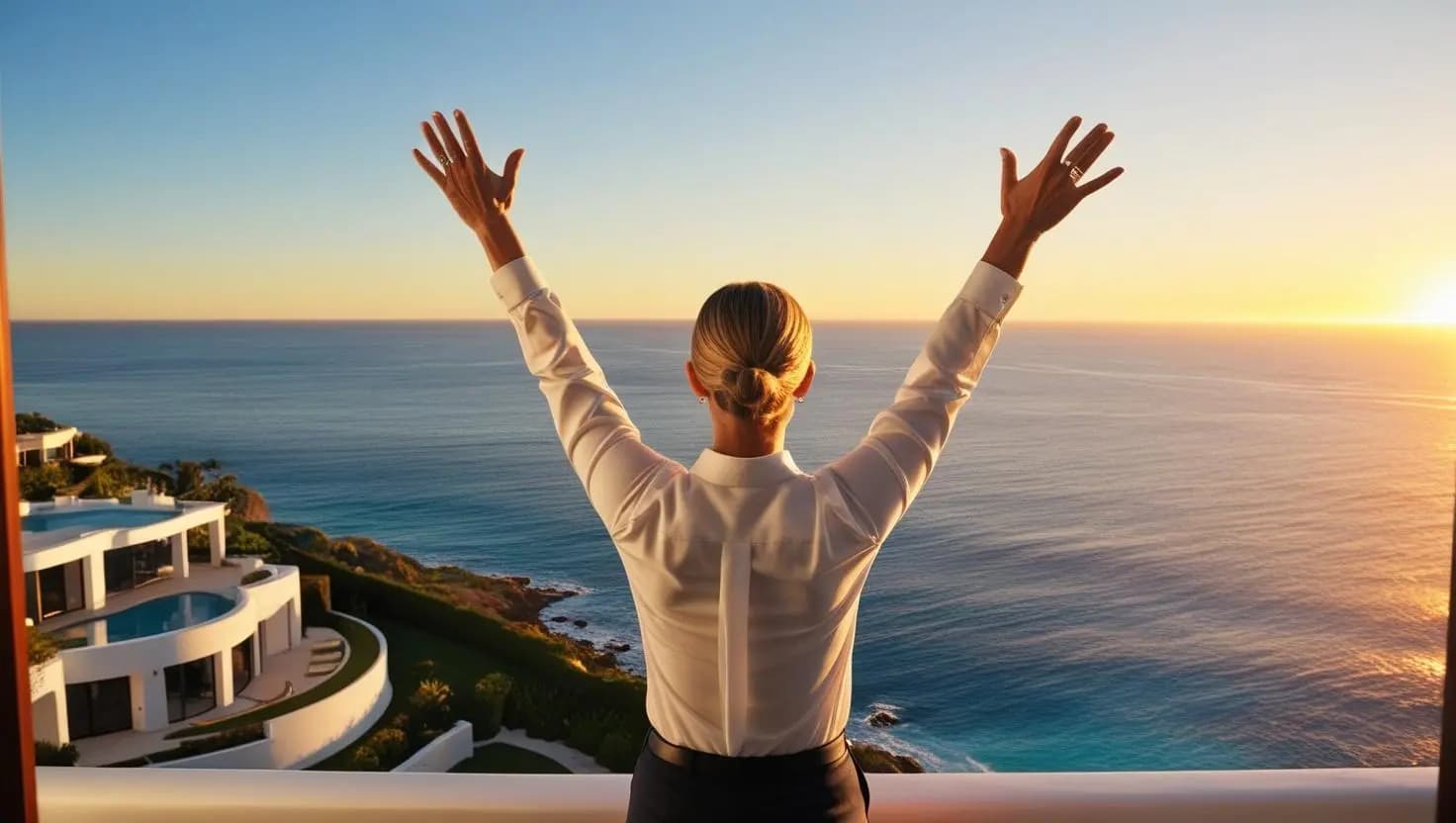 Real estate agent looking at the sea from the balcony