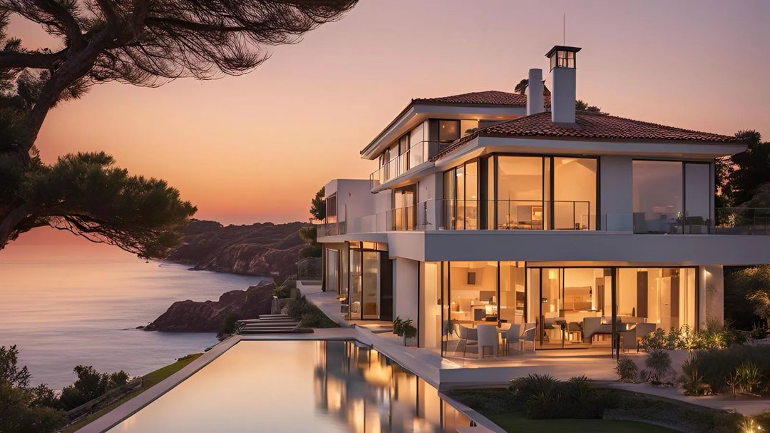 Huis met grote beglazingen in een warm land met een zwembad en uitzicht op zee