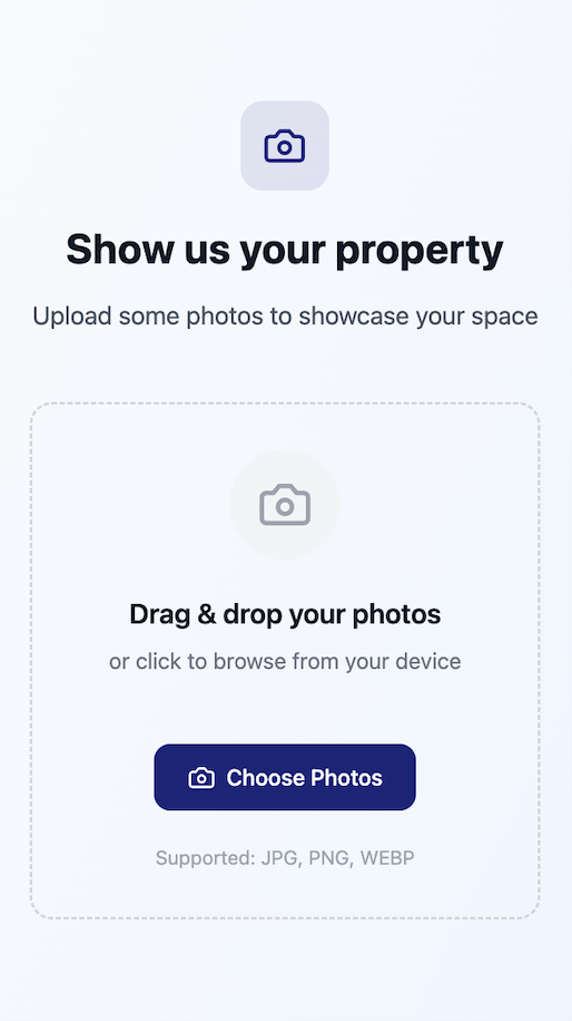 Legg til bilder - Last opp bilder av eiendommen, og AI analyserer dem automatisk.